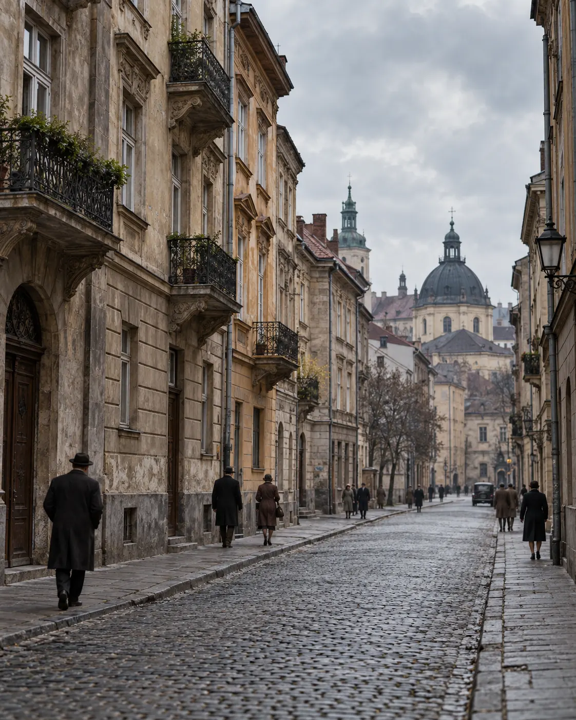 AI-generated, non-graphic generic street scene evoking the historical setting of occupied Lwów; not a documented street or scene from the Lem family’s life.
