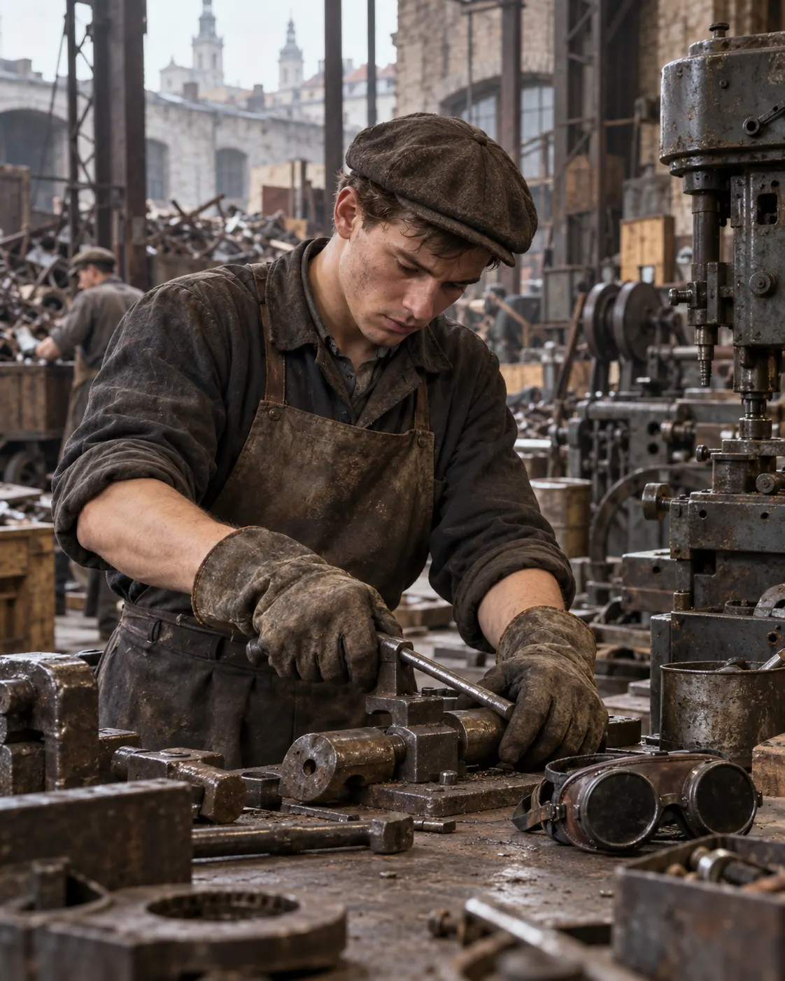 AI-generated detail of an anonymous mechanic’s assistant working with metal in a workshop.