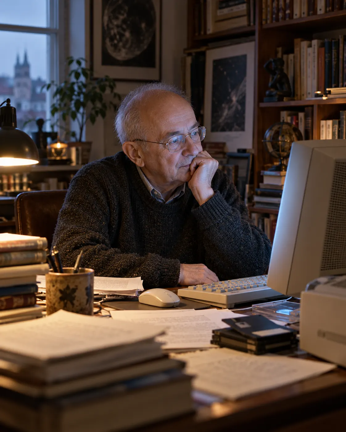 Титульна AI-згенерована ілюстрація / AI-generated cover illustration. An elderly writer considers a 1990s computer amid printed pages, evoking Lem’s essays on information technology; editorial reconstruction, not a documentary portrait.