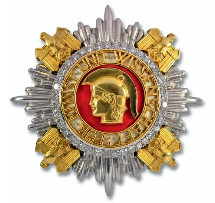 photograph of the star of the German National Prize for Art and Science. Creator Presbite; own work, licensed CC BY-SA 3.0 (also offered under other listed CC BY-SA versions) and GFDL. Attribution: Presbite / Wikimedia Commons; link to [CC BY-SA 3.0](https://creativecommons.org/licenses/by-sa/3.0/) and note no edits. Source: [Wikimedia Commons file page](https://commons.wikimedia.org/wiki/File:Stern_des_Deutschen_Nationalpreis_fuer_Kunst_und_Wissenschaft.jpg). Original 723 × 684 JPEG; checked 18 October 2026.
