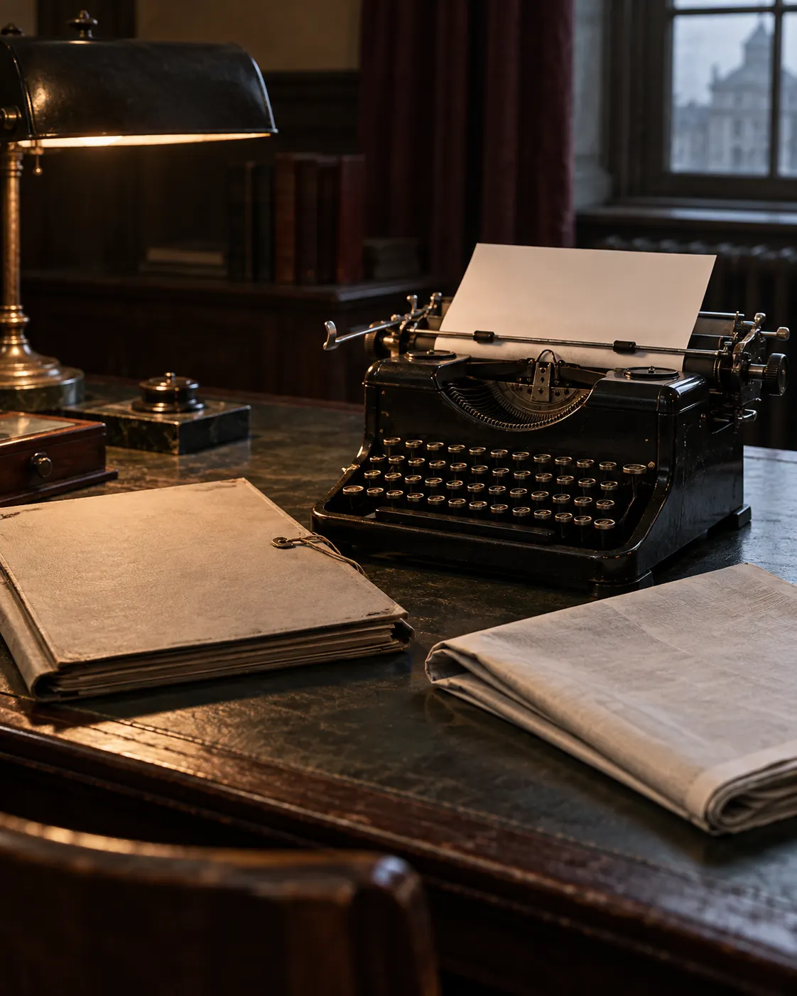 AI-generated generic typewriter, blank page and closed folder suggesting a government prohibition; it is not a reproduction of an actual decree and contains no Nazi imagery. Prompt: “Photorealistic vertical 4:5 editorial still life about a government prohibition in 1937: a vintage typewriter with a blank sheet, closed government folder, and a newspaper folded so no print can be read, on a dark desk. Historical atmosphere only. No Nazi symbols, no uniforms, no real decree, no legible text, no logos, no portraits, no weapons.” Generated 19 October 2026.