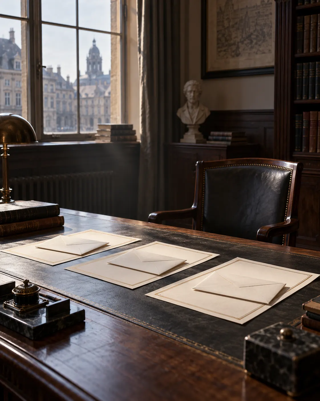 AI-generated cover: fictional blank certificates and envelopes in a 1930s office, illustrating the effect of the ban; not a specific historical scene. Prompt: “Photorealistic vertical 4:5 editorial cover about a 1937 ban that prevented German Nobel laureates from accepting prizes. Show a quiet historical European university office with three unopened blank award envelopes and certificates on a desk, an empty chair, muted 1930s light. No Nazi symbols, no uniforms, no real people, no readable text, no medals, no logos. Respectful historical editorial scene.” Generated 19 October 2026.