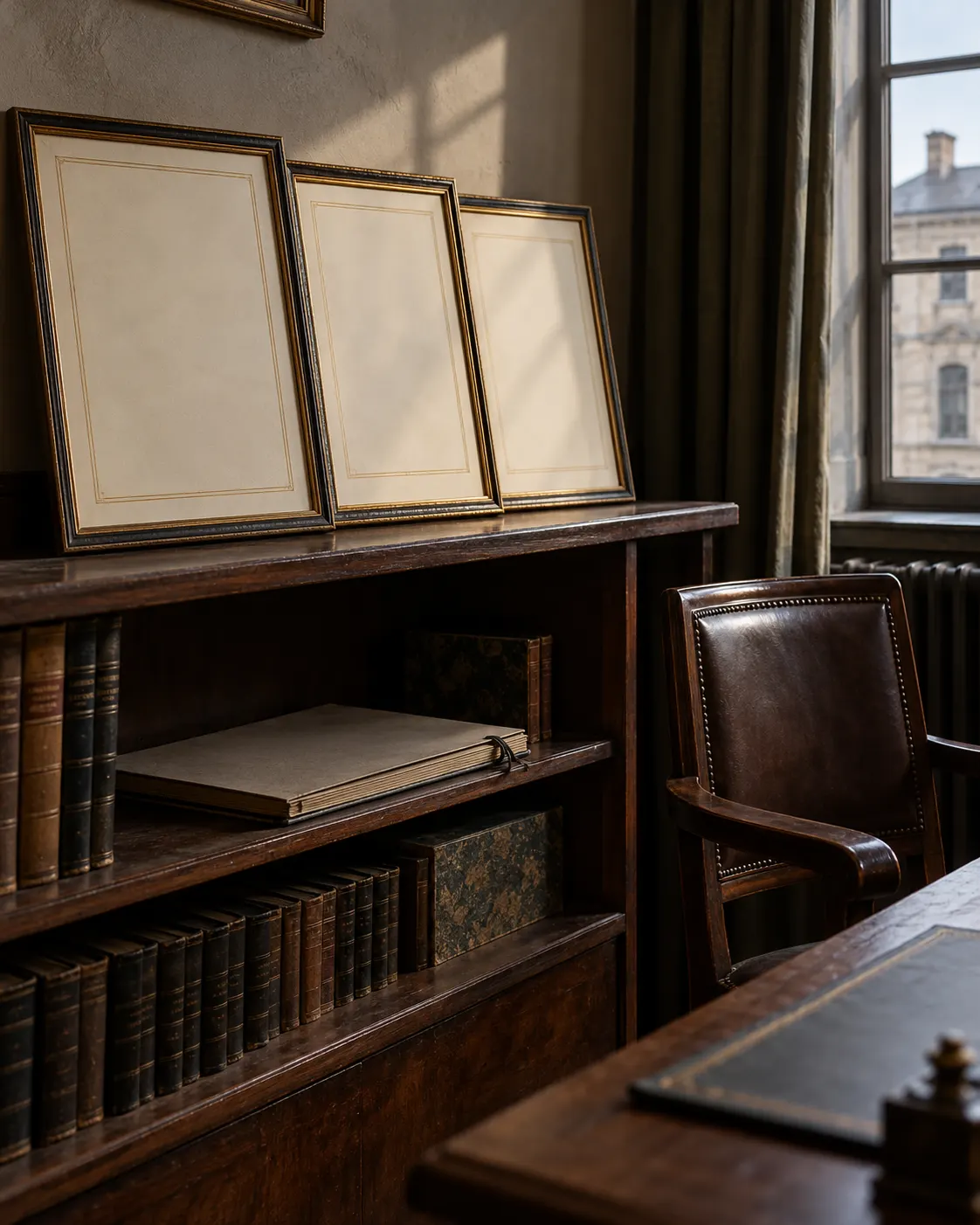 AI-generated symbolic still life of three blank framed certificates beside an empty chair, representing awards left unaccepted; not actual Nobel diplomas. Prompt: “Photorealistic vertical 4:5 editorial still life showing three unclaimed award certificates in a quiet 1930s European office, placed on a shelf beside an empty chair and a closed plain folder. Blank papers only, no medals or award symbols. Respectful historical mood, no Nazi symbols, uniforms, portraits, names, readable text, logos or actual historical records.” Generated 19 October 2026.