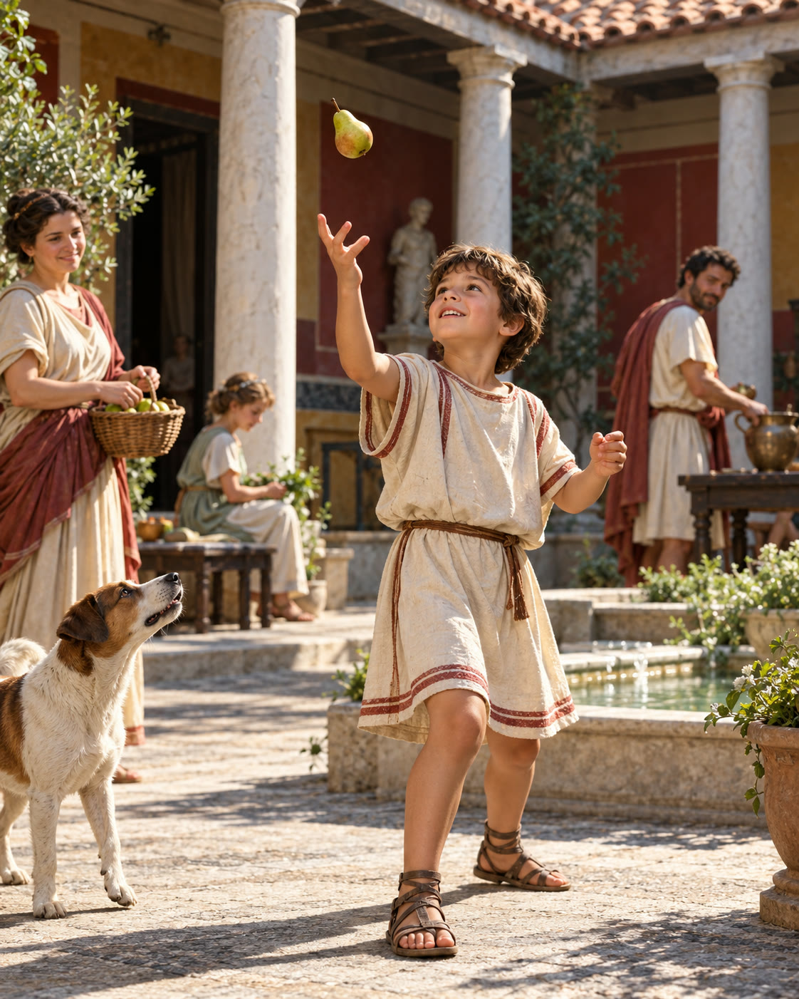Титульна AI-згенерована ілюстрація / AI-generated cover illustration. A young boy tosses a pear in a generic Roman household courtyard; the scene depicts no injury and is not a record of the event.