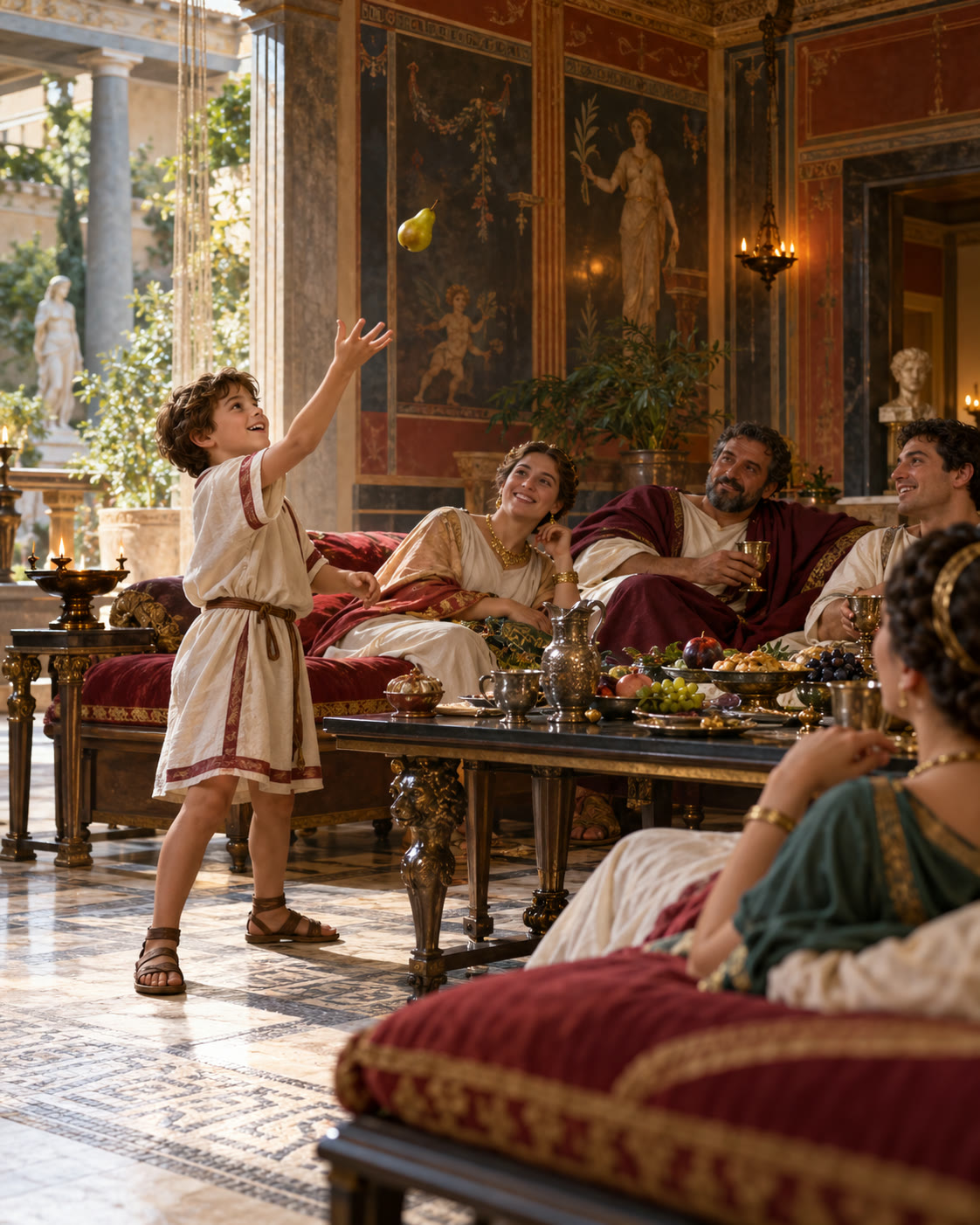 AI-generated contextual reconstruction of a Roman household dinner with a boy playing with a pear. Generated with OpenAI image generation on 2026-10-25. Prompt: “Create a beautiful historically grounded editorial reconstruction of a private Roman dining room in the early first century CE. A young Roman boy, son of a prominent household, is playfully tossing a small pear near a couch while family guests dine; show the fruit airborne and the boy's playful gesture, but no choking, distress, injury, or death. Authentic Roman clothing, triclinum couch, oil lamps, frescoed walls, natural warm light, cinematic documentary realism, no text, no letters, no collage, portrait 4:5 framing. This is an illustrative reconstruction, not documentary evidence.” The account does not record a dinner setting; this is contextual illustration only.