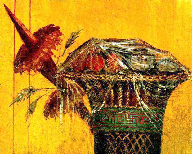 Ancient Roman fresco of a fruit basket from the Villa of Poppea at Oplontis; contextual image of Roman fruit, not a depiction of the pear incident. Wikimedia Commons, Public Domain: https://commons.wikimedia.org/wiki/File:Fresco_of_a_fruit_basket_from_the_Villa_of_Poppea_in_Oplontis,_Italy.jpg. 619 × 498 px; checked 2026-10-25.
