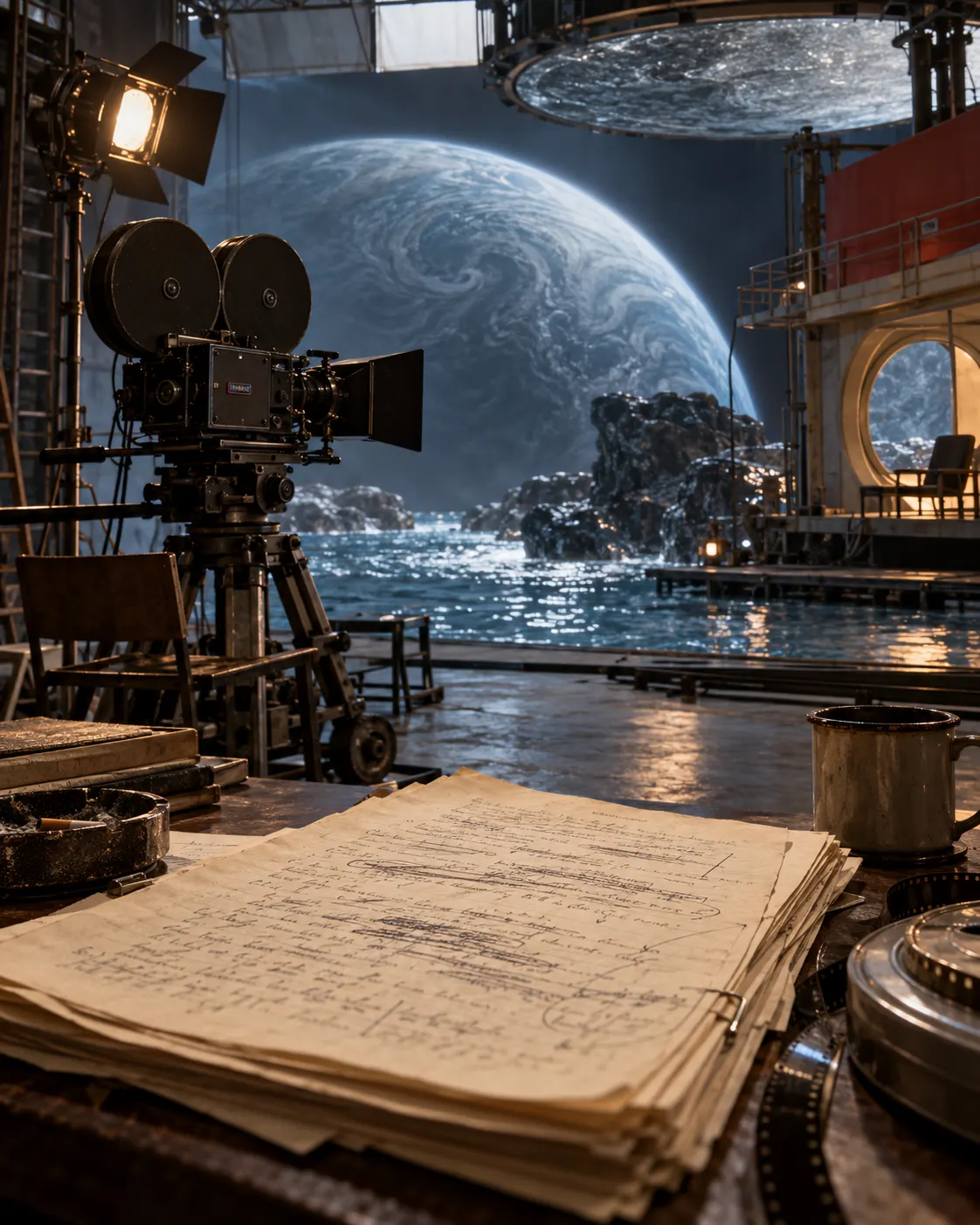 Титульна AI-згенерована ілюстрація / AI-generated cover illustration. A manuscript and film set evoke screen adaptations of three Lem works; this is an editorial reconstruction, not production documentation.