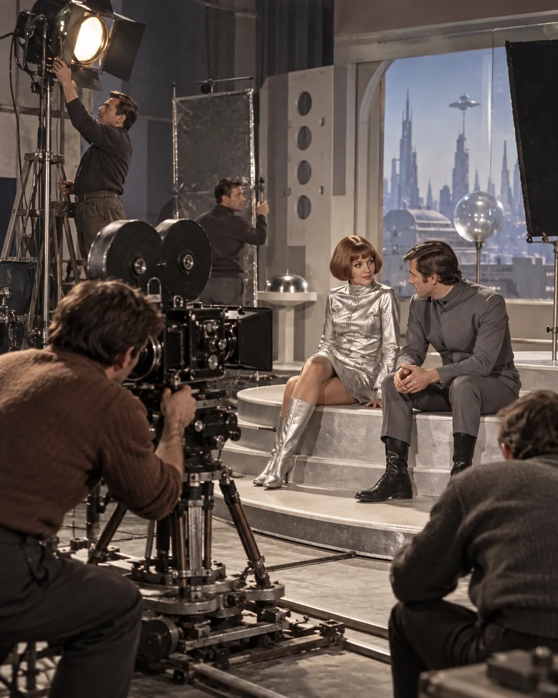 AI-generated editorial reconstruction of a generic late-1960s Polish science-fiction film set; not a still from Wajda’s film.
