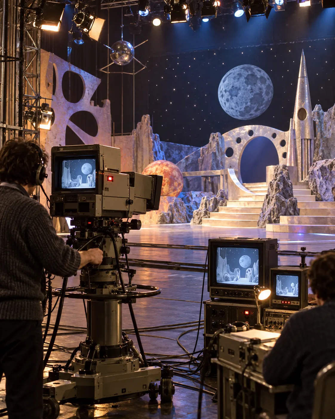 AI-generated editorial reconstruction of a 1980s television studio preparing a science-fiction stage play; not a still from the named 1989 production.