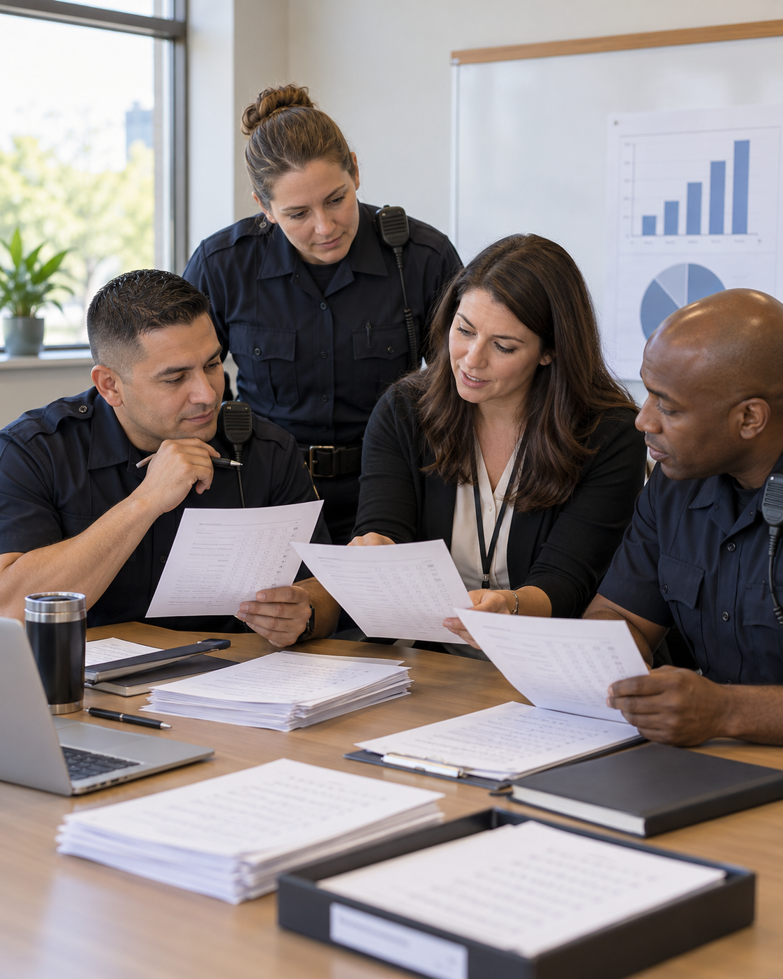 AI-generated scene of officers and a research coordinator reviewing anonymous questionnaires.