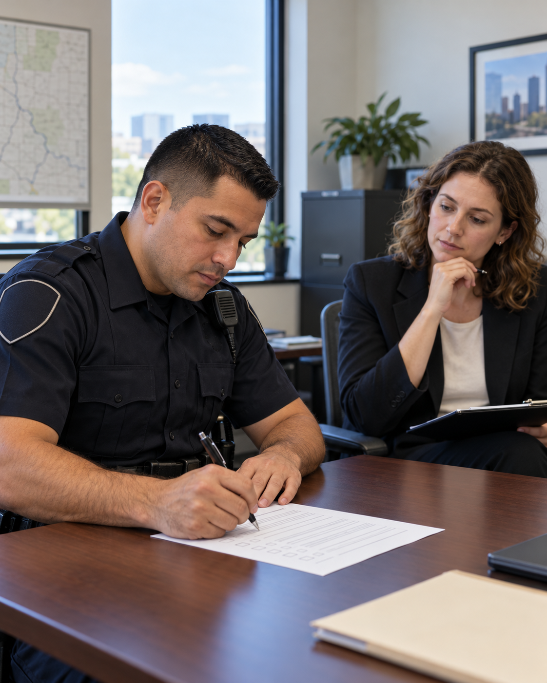 Титульна AI-згенерована ілюстрація / AI-generated cover illustration. A police officer completes an anonymous survey with a civilian researcher.