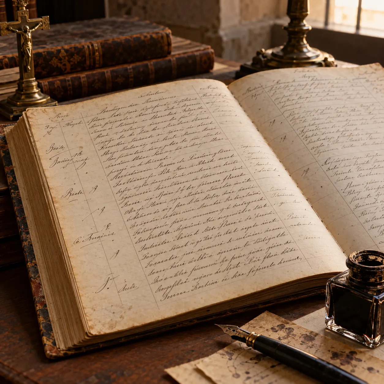 original AI-generated symbolic illustration of a historic parish register and writing tools. It is not a reproduction of Picasso’s birth record.