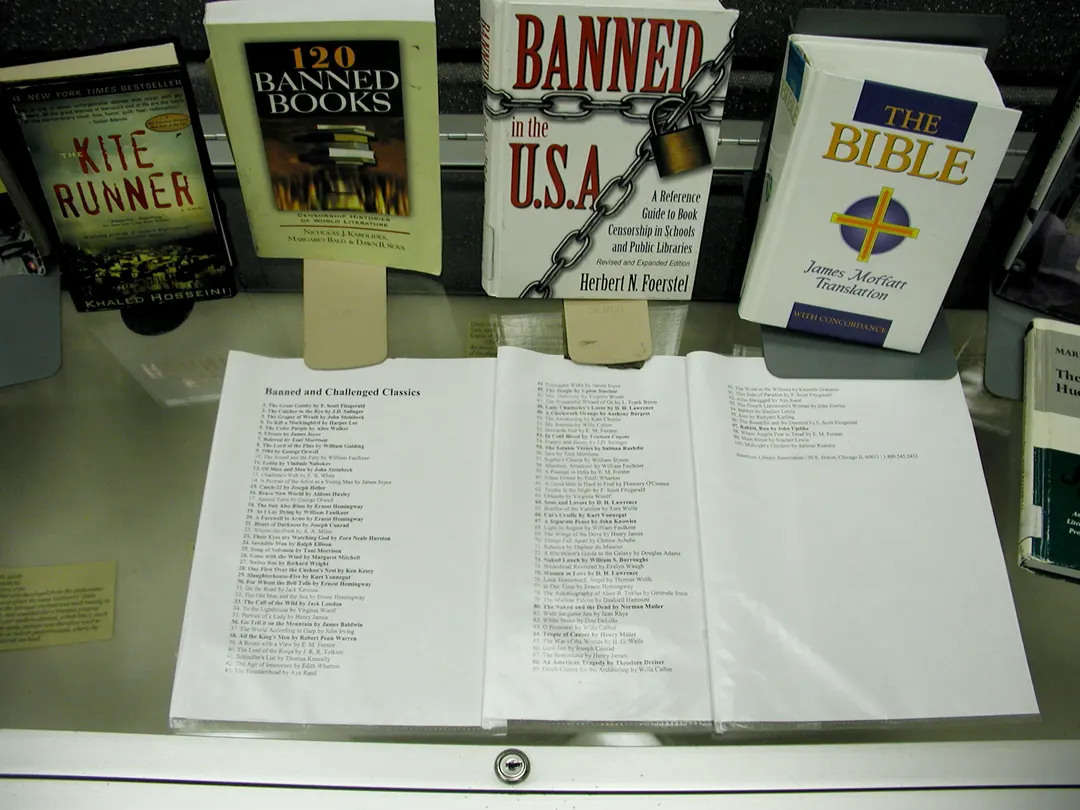 Documentary photograph of a library display of challenged/banned books, photographed 30 September 2009; Joel Bullock, published by carmichaellibrary on Flickr; CC BY 2.0. Attribution: Joel Bullock / carmichaellibrary / CC BY 2.0. Original: https://commons.wikimedia.org/wiki/File:Banned_Books_Display_(right_side,_detail)_(3970240746).jpg. The image documents the broader topic of book challenges, not a specific Harry Potter case.