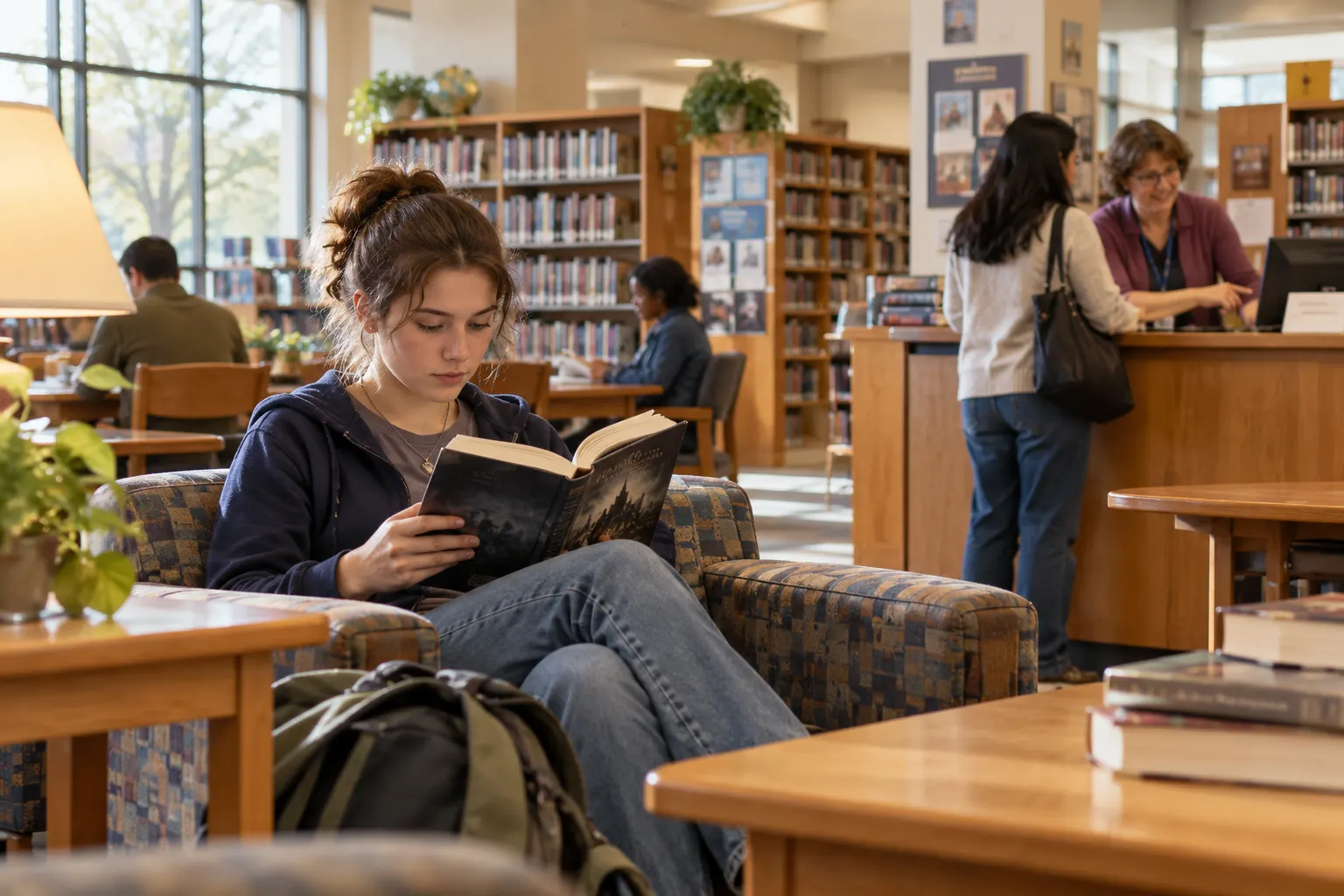 AI-generated illustration of a young adult reading an unmarked fantasy novel in a public library while other patrons use the collection.