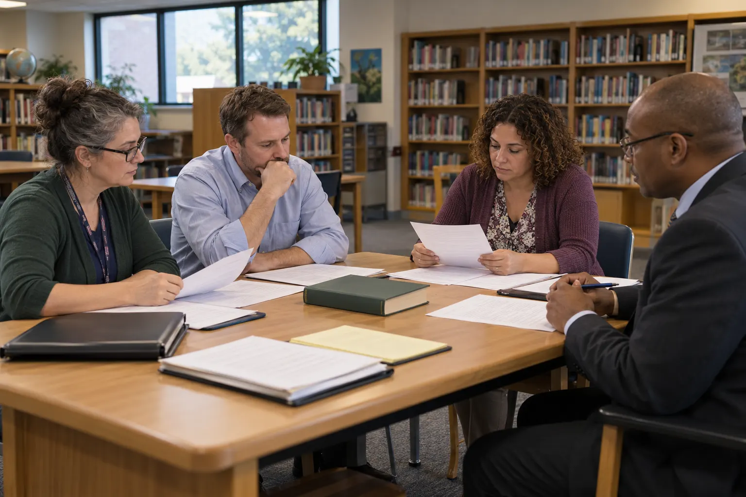 AI-generated illustration of a school library review committee discussing a formal challenge to an unmarked fantasy novel.