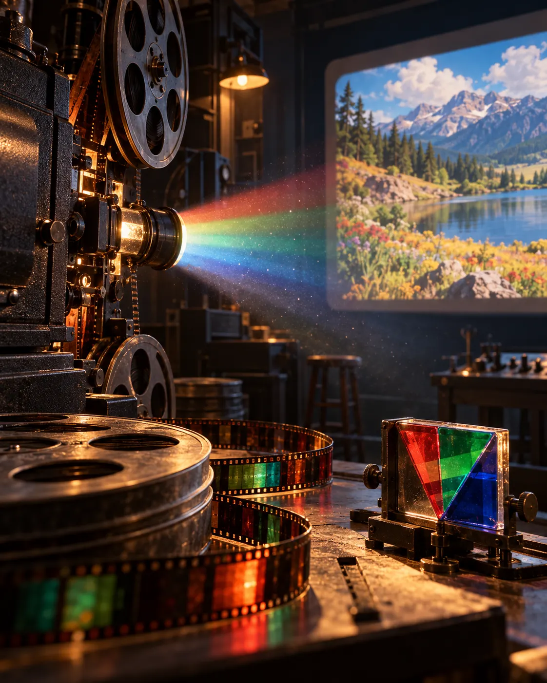 AI-generated symbolic illustration of early color-film projection, not a frame from a particular film or a documented event.