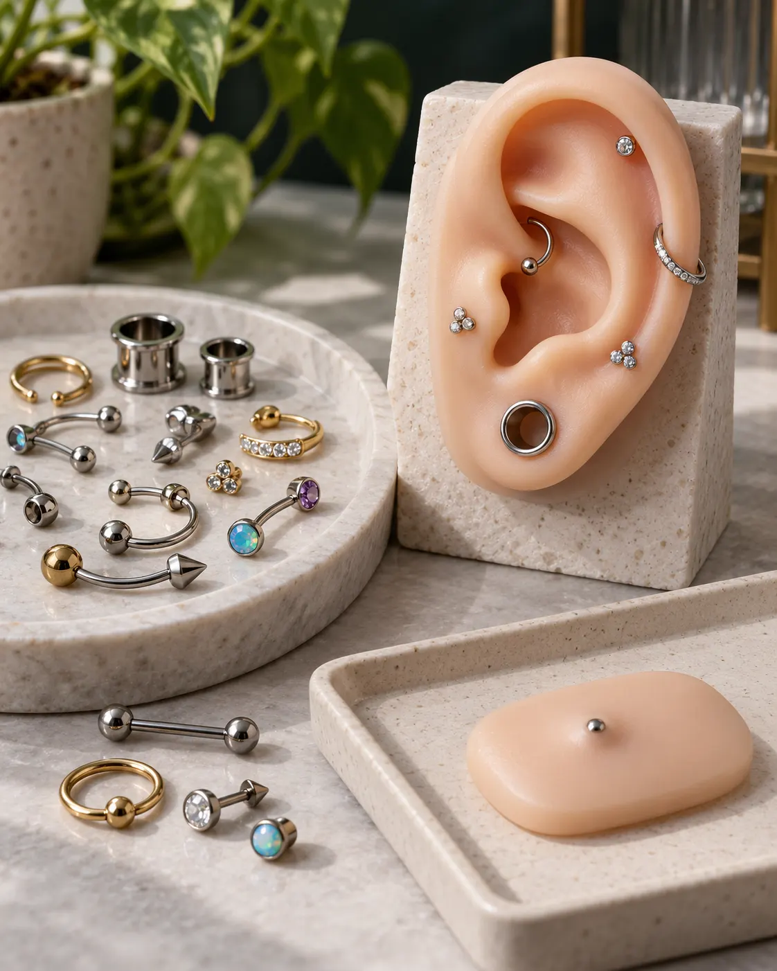 AI-generated educational still life with piercing jewelry, a silicone ear practice model and a small implant model; no actual body or procedure. Prompt: “Photorealistic vertical 4:5 editorial still life for an educational article about types of body modification. Arrange polished piercing jewelry beside a clean silicone ear practice model with a few jewelry pieces already placed, and a small smooth subdermal implant model on a tray. No needles, no blood, no procedure, no real person's body, no text or logos.” Generated 20 October 2026.