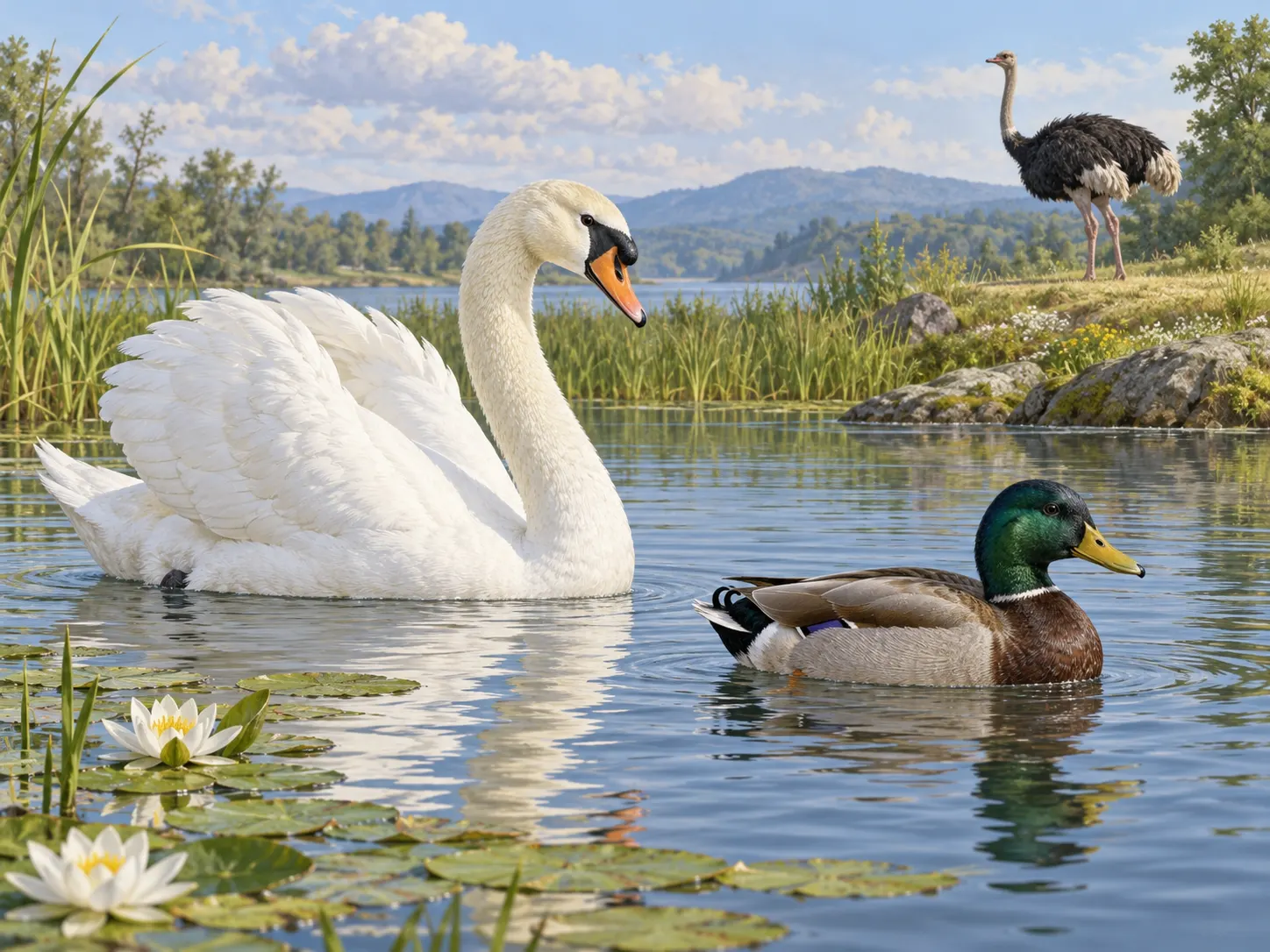 original AI-generated, non-anatomical editorial illustration of waterfowl and an ostrich. Generated for this package on 2026-10-13. There is no external photographer, source URL, or reuse license; the project may reuse the generated image. It is illustrative, not documentary evidence. Both language versions disclose that it was AI-created.