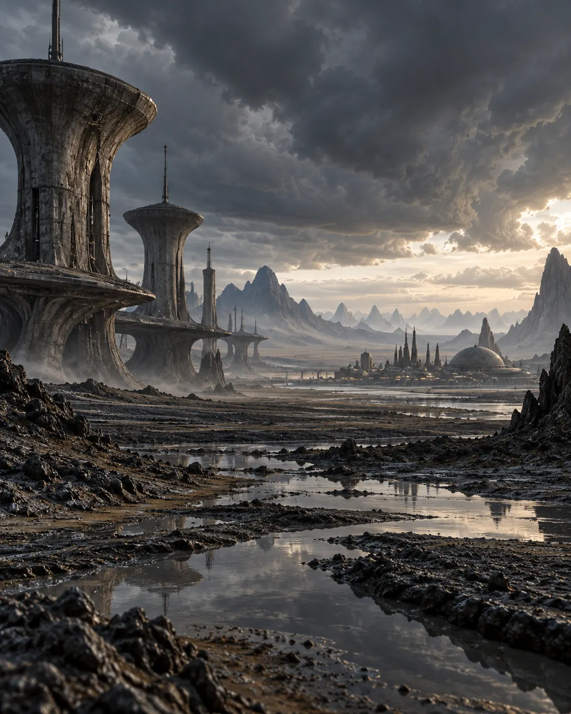 AI-generated conceptual illustration of an unsettling alien landscape with distant industrial-looking formations.
