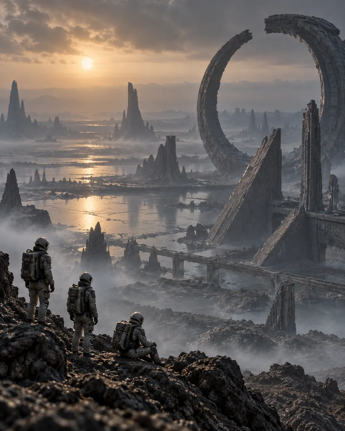 Титульна AI-згенерована ілюстрація / AI-generated cover illustration. A small expedition surveys an unsettling alien world, evoking *Eden* as Jan Błoński’s apocalyptic “worst possible world” interpretation; fictional reconstruction.