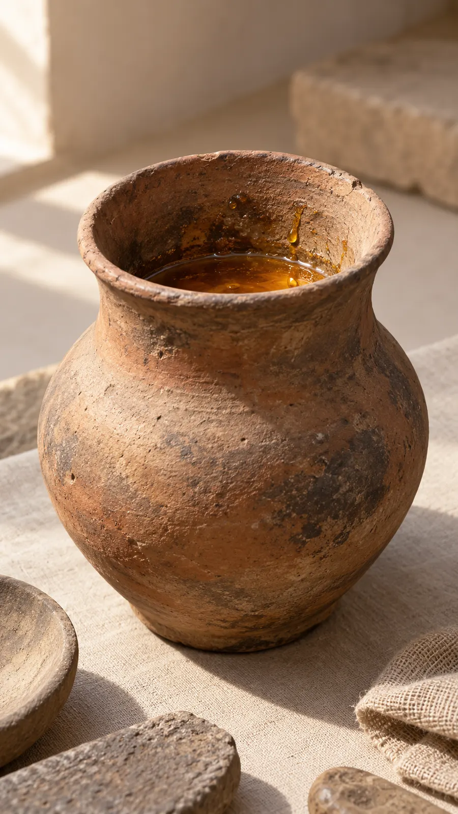 AI-generated conceptual reconstruction / AI-реконструкція generic ceramic vessel with amber residue. It does not depict a documented archaeological find or site.