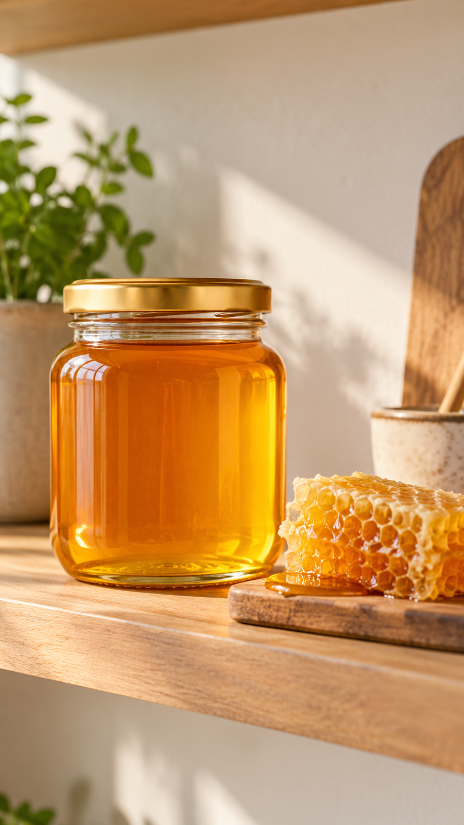 AI-generated illustration / Титульна AI-ілюстрація of a sealed honey jar and honeycomb. It illustrates ordinary storage, not an archaeological claim.