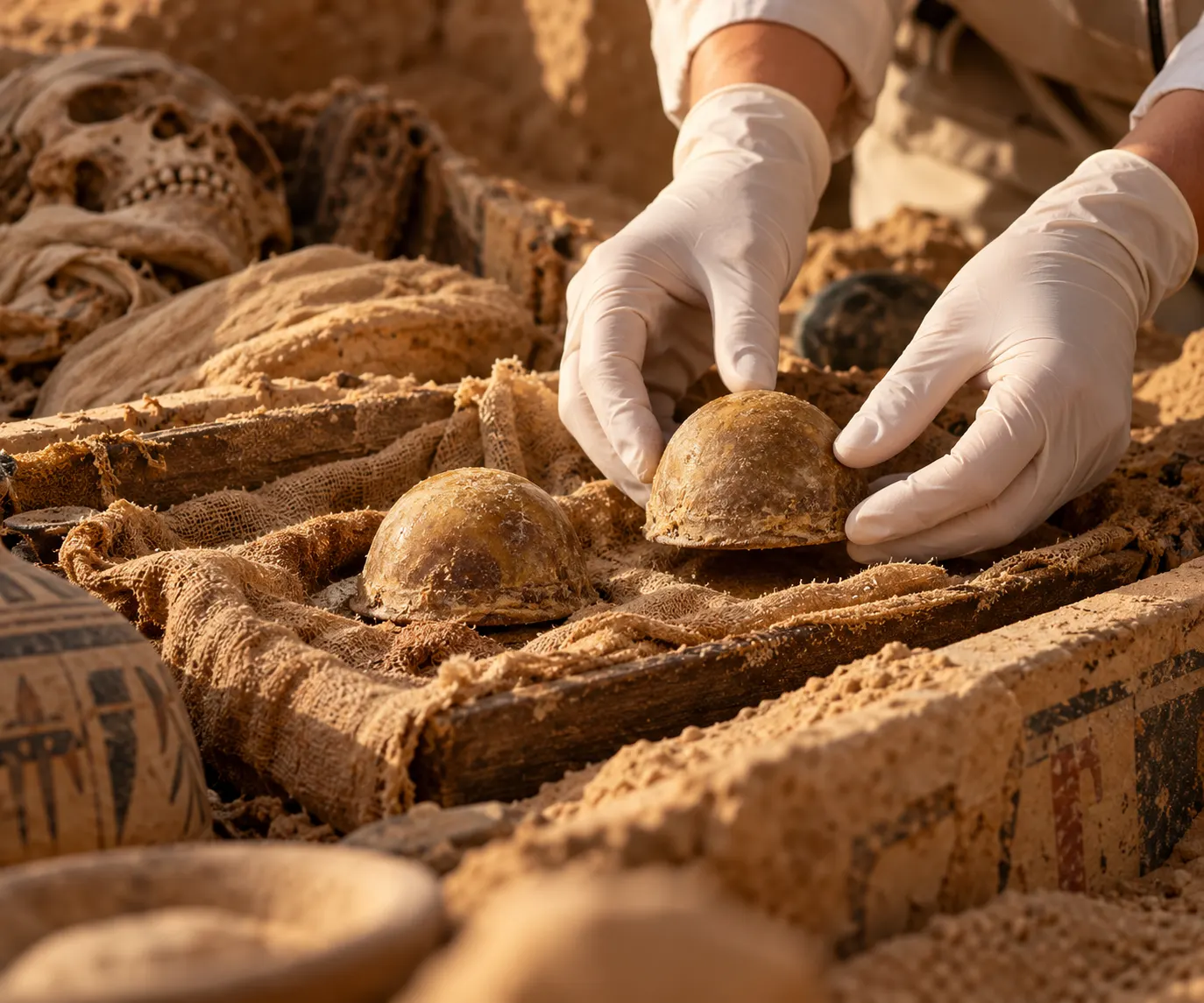 Титульна AI-згенерована ілюстрація / AI-generated cover illustration. Archaeological reconstruction of two low wax-shell cones from an Amarna burial, handled during careful excavation; not a depiction of authenticated artifacts.