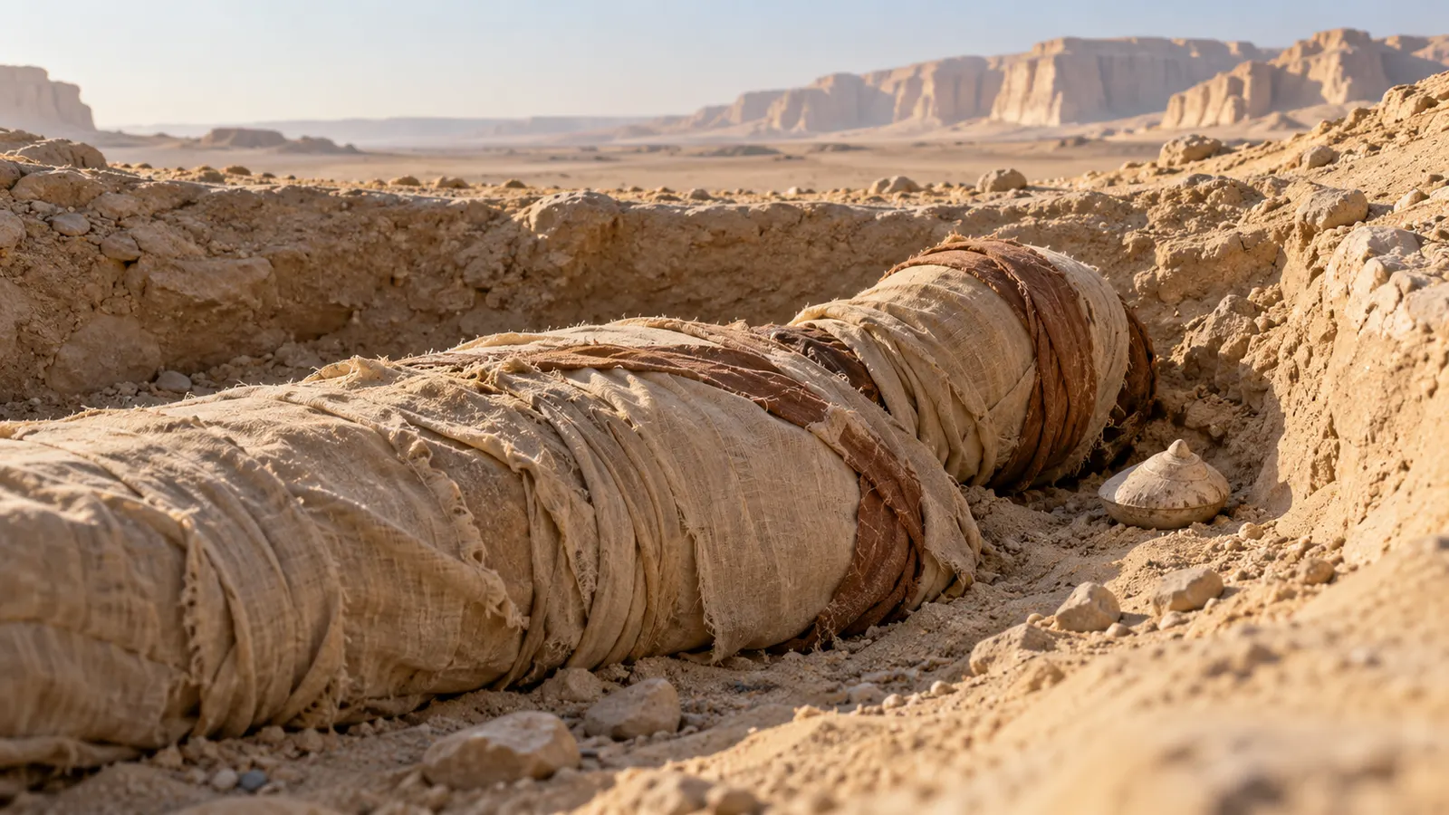 AI-generated supplementary illustration. Respectful conceptual reconstruction of a wrapped burial with a small cone nearby at Amarna; not a documentary image.