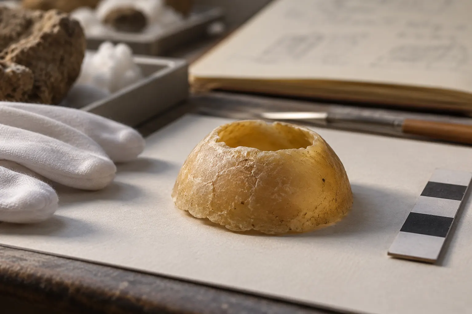 AI-generated supplementary illustration. Close conservation view of a low hollow wax shell with a neutral scale; conceptual object reconstruction, not the actual find.