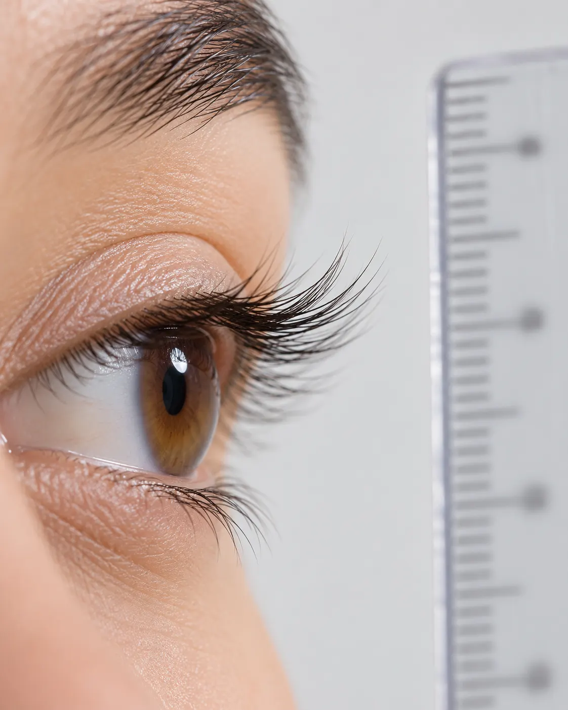 AI-generated generic eye beside an out-of-focus metric ruler to illustrate measurement; not the subject or an official measurement. Prompt: “Photorealistic vertical 4:5 educational editorial macro of a natural upper eyelash seen from the side beside a small transparent metric ruler, the ruler markings intentionally out of focus and unreadable. Clean clinical studio lighting, gentle and respectful, no tweezers, no contact lens, no eye procedure. Generic unidentified person; no link to a specific record holder. No text or logos.” Generated 20 October 2026.
