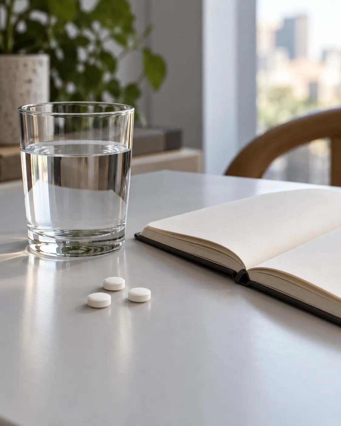 AI-generated symbolic still life for the fictional drug soma; it does not depict or recommend real medication. Prompt: “Photorealistic editorial still life representing the fictional mood-altering drug soma in Aldous Huxley's Brave New World: a few small unmarked white tablets beside an open blank notebook and water glass on a clean table, restrained neutral light, vertical 4:5. No real medication packaging, labels, branding, or medical claims; clearly symbolic and not a real prescription drug.” Generated 2026-10-19.