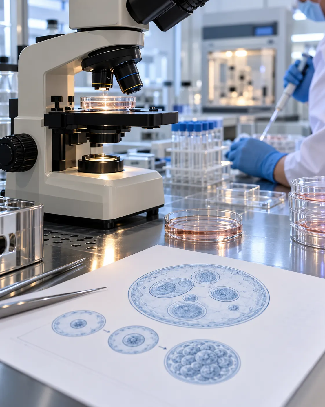 AI-generated high-level illustrative IVF lab scene; diagrams are generic and do not show actual embryos or patient material. Prompt: “Photorealistic editorial still life illustrating laboratory fertilization science at a high level: sterile microscope, petri dish with abstract non-identifiable cells shown as a scientific diagram on paper, gloved hands in background, clean clinical IVF laboratory, vertical 4:5. No real embryo imagery, patient information, labels, or readable text. Illustrative reconstruction, not a specific clinic.” Generated 2026-10-19.