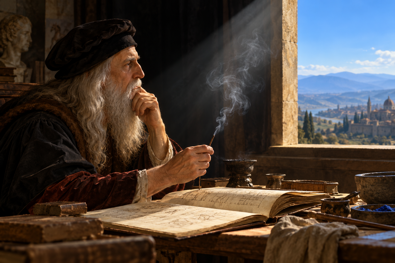 AI-generated historical reconstruction of Leonardo considering atmospheric blueness through a smoke-and-dark-background observation; not a documentary image or a specific manuscript page.