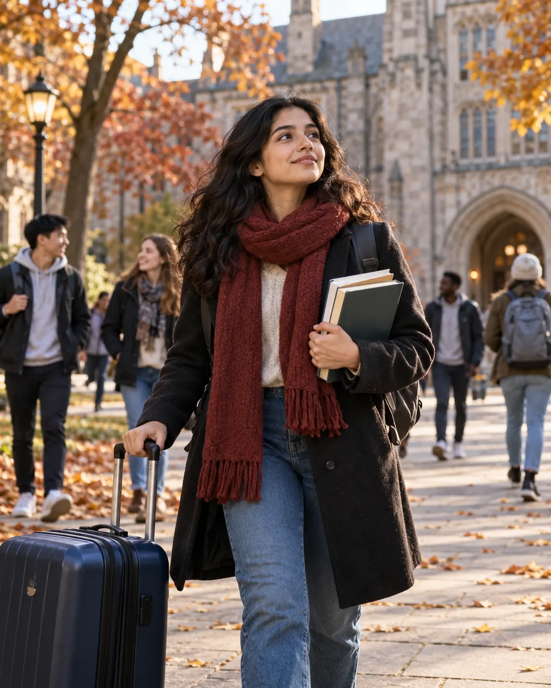 AI-generated fictional illustration of an international student arriving at a U.S. university; not a specific Nobel laureate or documented event. Generated 19 October 2026. Prompt: “Photorealistic editorial image, vertical 4:5: an international student arriving at a U.S. university campus with a suitcase and books, late autumn, hopeful thoughtful expression, diverse students in the background, no visible signs. Generic fictional person, not a specific Nobel laureate or documented event. No flags, no readable text, no logos.”