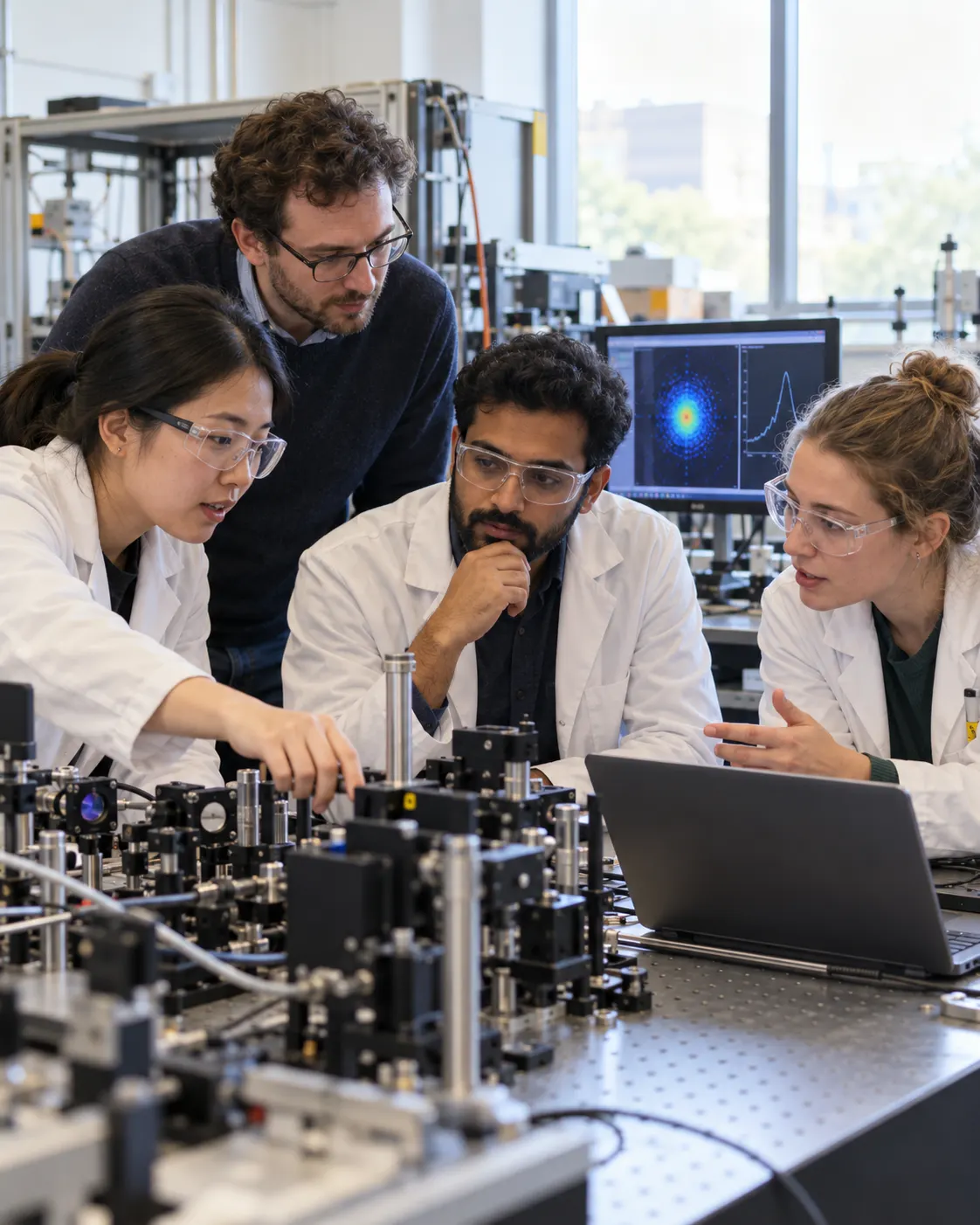 AI-generated fictional image of a diverse international team collaborating in a U.S. university physics lab. Generated 19 October 2026. Prompt: “Photorealistic editorial image, vertical 4:5: an international research team working in a university physics laboratory in the United States, scientists of diverse backgrounds discussing a measurement and looking at equipment, natural light, candid professional collaboration. Generic fictional people, no flags, no readable text, no logos, no award symbols.”
