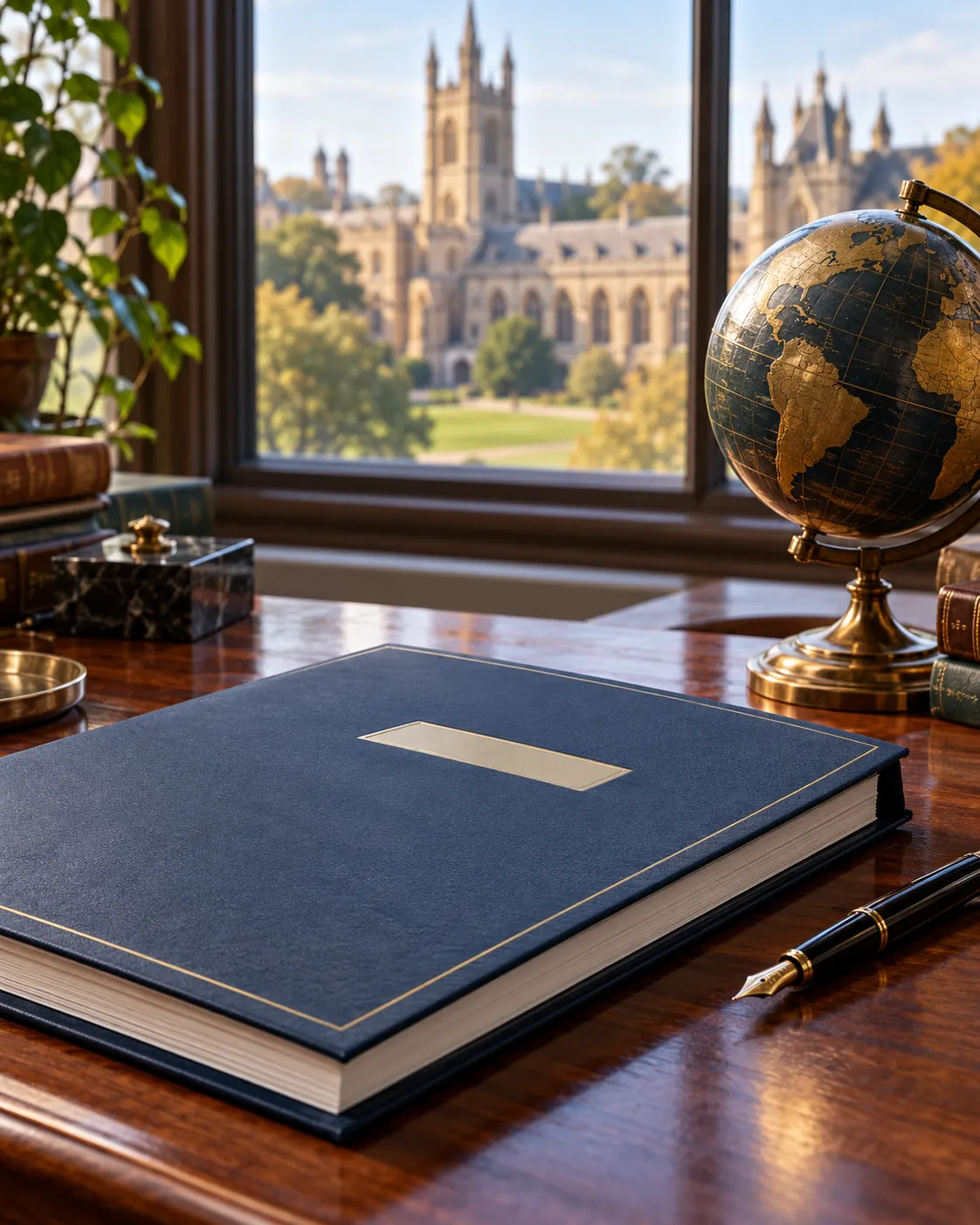 AI-generated cover: closed academic report folder, globe and university campus. Generated 19 October 2026. Prompt: “Photorealistic vertical 4:5 editorial cover about a research report classifying Nobel Prize totals by country. Show a closed academic report folder, a brass globe, a fountain pen and a university campus softly out of focus through a window. No people, no busts, no statues, no portraits, no charts, no legible writing, no numbers, no flags or logos.”