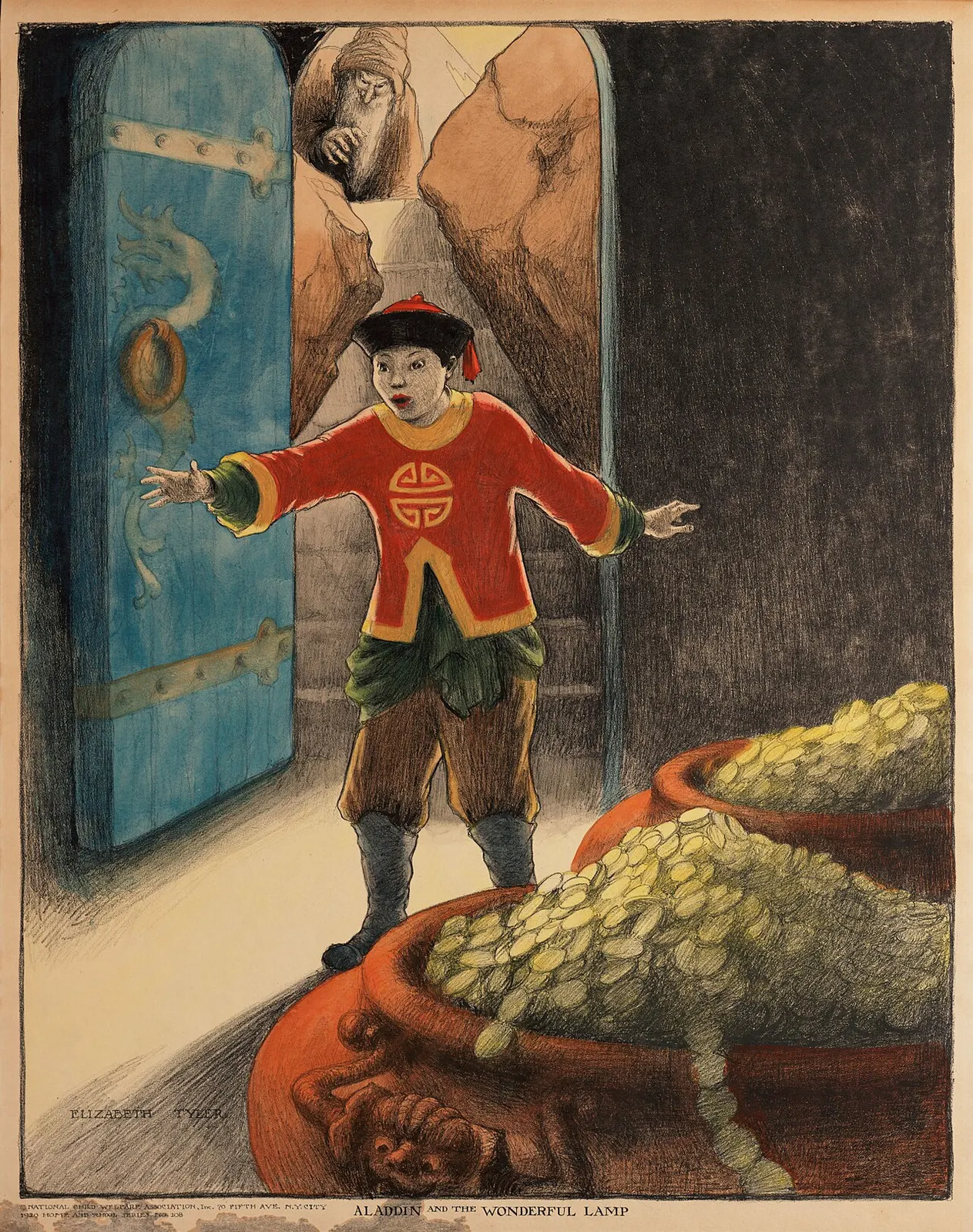Historical illustration for *Aladdin and the Wonderful Lamp*, by Elizabeth Tyler Wolcott, published by the National Child Welfare Association c. 1918–1920. Public domain in the United States and marked public domain. Original: https://commons.wikimedia.org/wiki/File:Aladdin_and_the_wonderful_lamp,_by_Elizabeth_Tyler,_published_by_the_National_Child_Welfare_Association,_c._1918-1920,_from_the_Digital_Commonwealth_-_commonwealth_xd07mb91b.jpg. Credit: Elizabeth Tyler Wolcott / National Child Welfare Association / Digital Commonwealth.