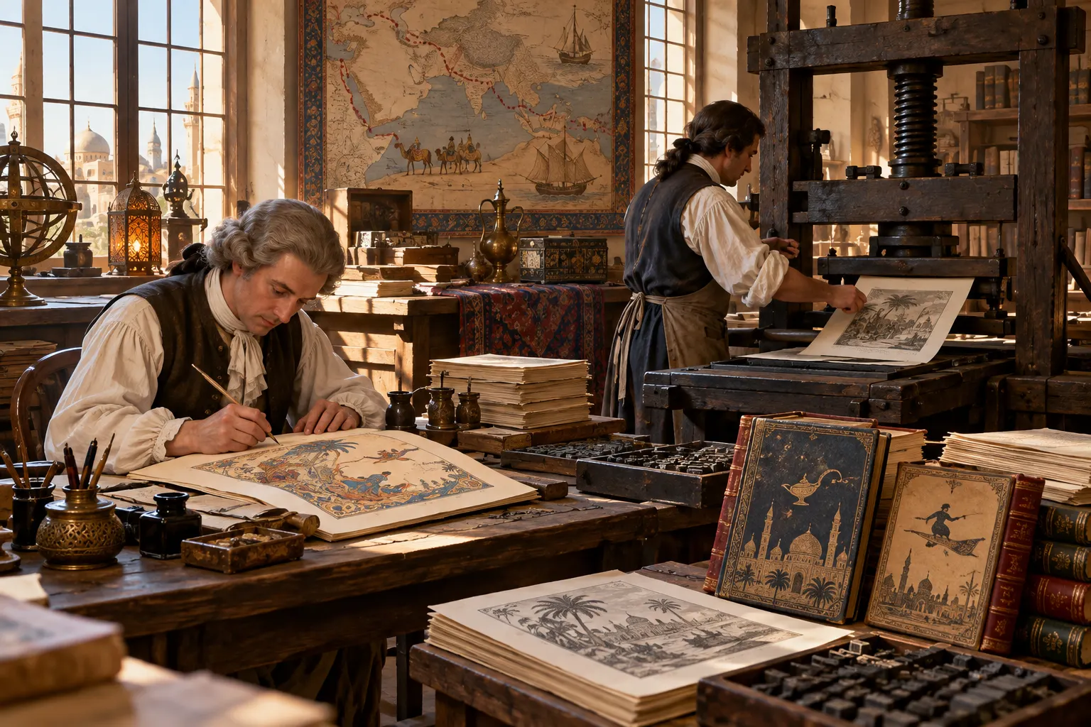 AI-generated symbolic reconstruction of Hanna Diyab recounting a story to Antoine Galland, who takes notes in an imagined eighteenth-century study.