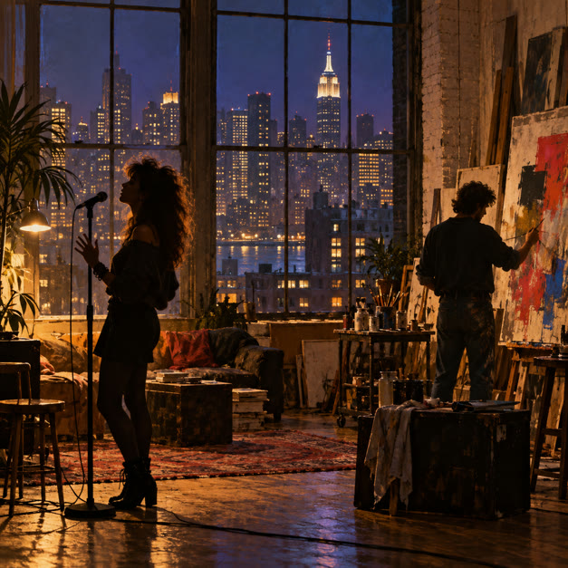 AI-generated conceptual illustration of the late-1982 New York art/music scene; not documentary imagery. OpenAI image generation, 2026-10-29.