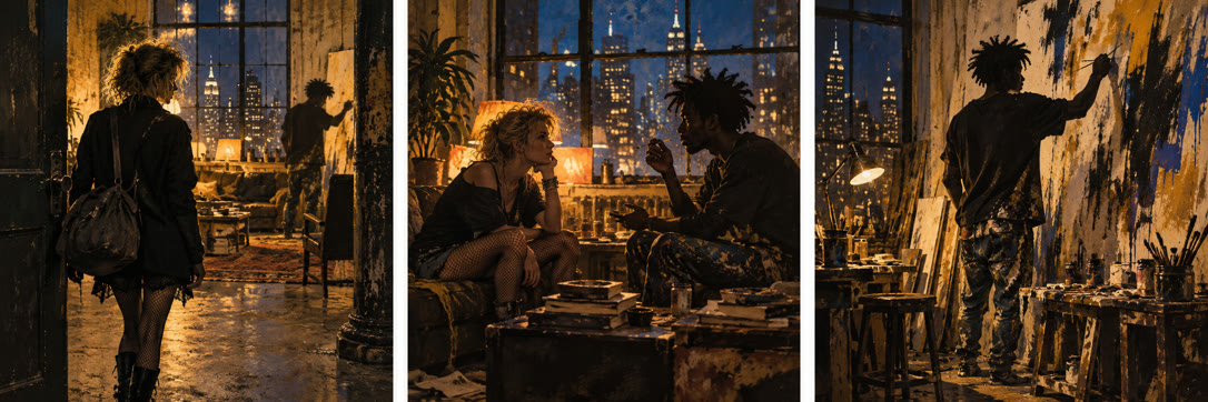 AI-generated conceptual illustration of the late-1982 New York art/music scene; not documentary imagery. OpenAI image generation, 2026-10-29.
