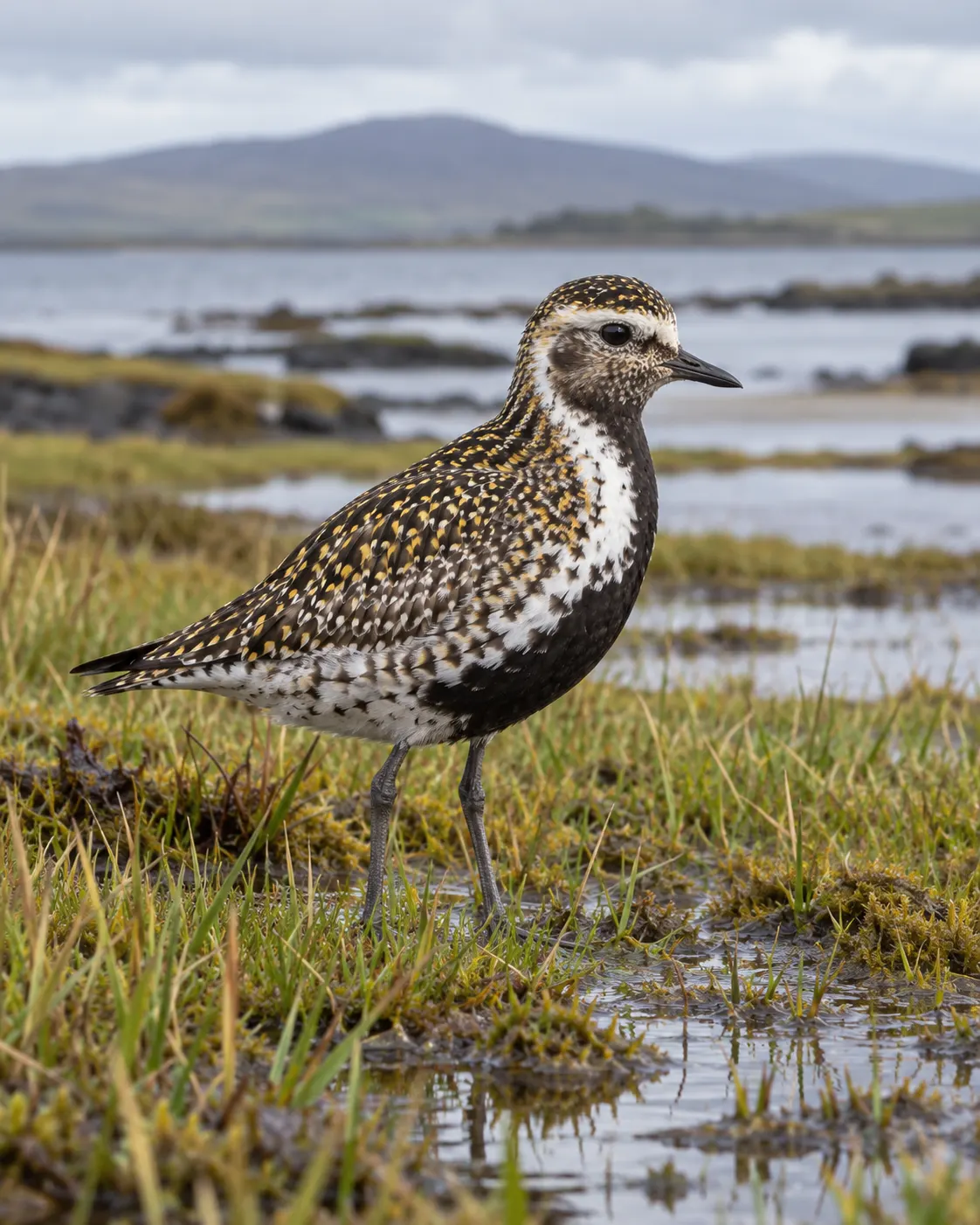 AI-generated generic European golden plover in a wetland, a species illustration, not from the 1951 trip. Prompt: “Photorealistic vertical 4:5 wildlife editorial portrait of a European golden plover standing on a natural Irish coastal wetland, mottled plumage, low grasses and shallow water, soft overcast light. Species context only, not the 1951 hunting trip. No people, no weapons, no harm, no text or logos.” Generated 20 October 2026.