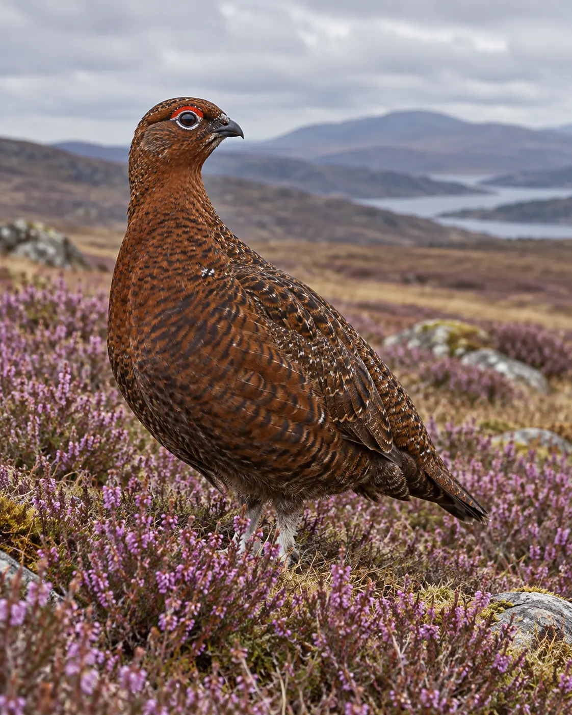 AI-generated red grouse in generic Scottish heather habitat, not from the 1951 hunting trip. Prompt: “Photorealistic vertical 4:5 wildlife editorial portrait of a red grouse standing in natural purple heather on an open Scottish moor, detailed plumage, overcast daylight. Species and habitat context only, not the 1951 hunting trip. No people, no weapons, no harm, no text or logos.” Generated 20 October 2026.