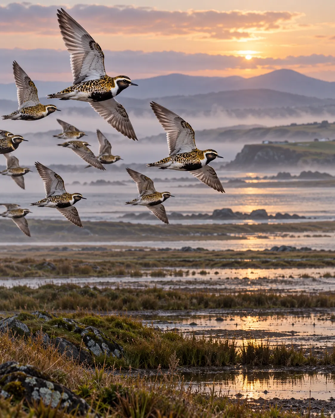 AI-generated cover: a flock of European golden plovers in a generic coastal wetland at dawn; not the 1951 hunting trip. Prompt: “Photorealistic vertical 4:5 wildlife editorial cover: a flock of European golden plovers flying low over an Irish coastal wetland at dawn, soft mist and natural colors, detailed birds in motion. Historical nature context only, not the 1951 hunting trip; no hunters, weapons or harm. No text, logos or signs.” Generated 20 October 2026.
