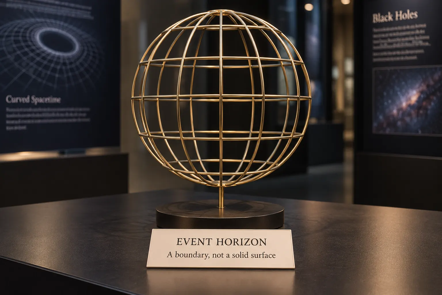 AI-generated conceptual illustration of a spherical-looking event horizon and lensed stars; not an observed photograph or exact relativistic rendering.