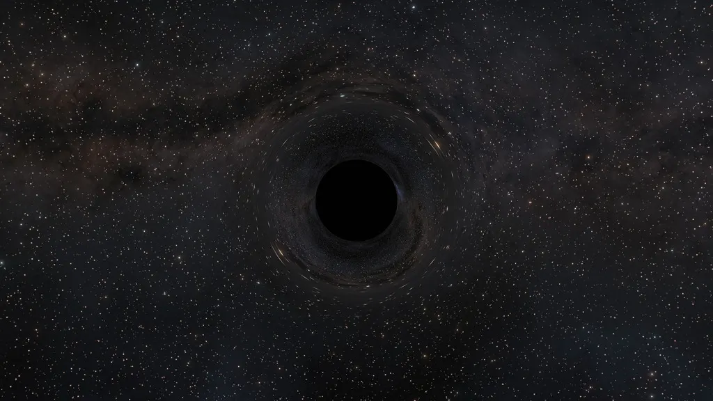 still frame from NASA Goddard Scientific Visualization Studio’s “Isolated Black Hole Visualization” (2024), an explanatory simulation showing gravitational lensing around a modeled black hole. Credit: NASA/JPL-Caltech/R. Hurt (Caltech-IPAC). https://svs.gsfc.nasa.gov/14620/