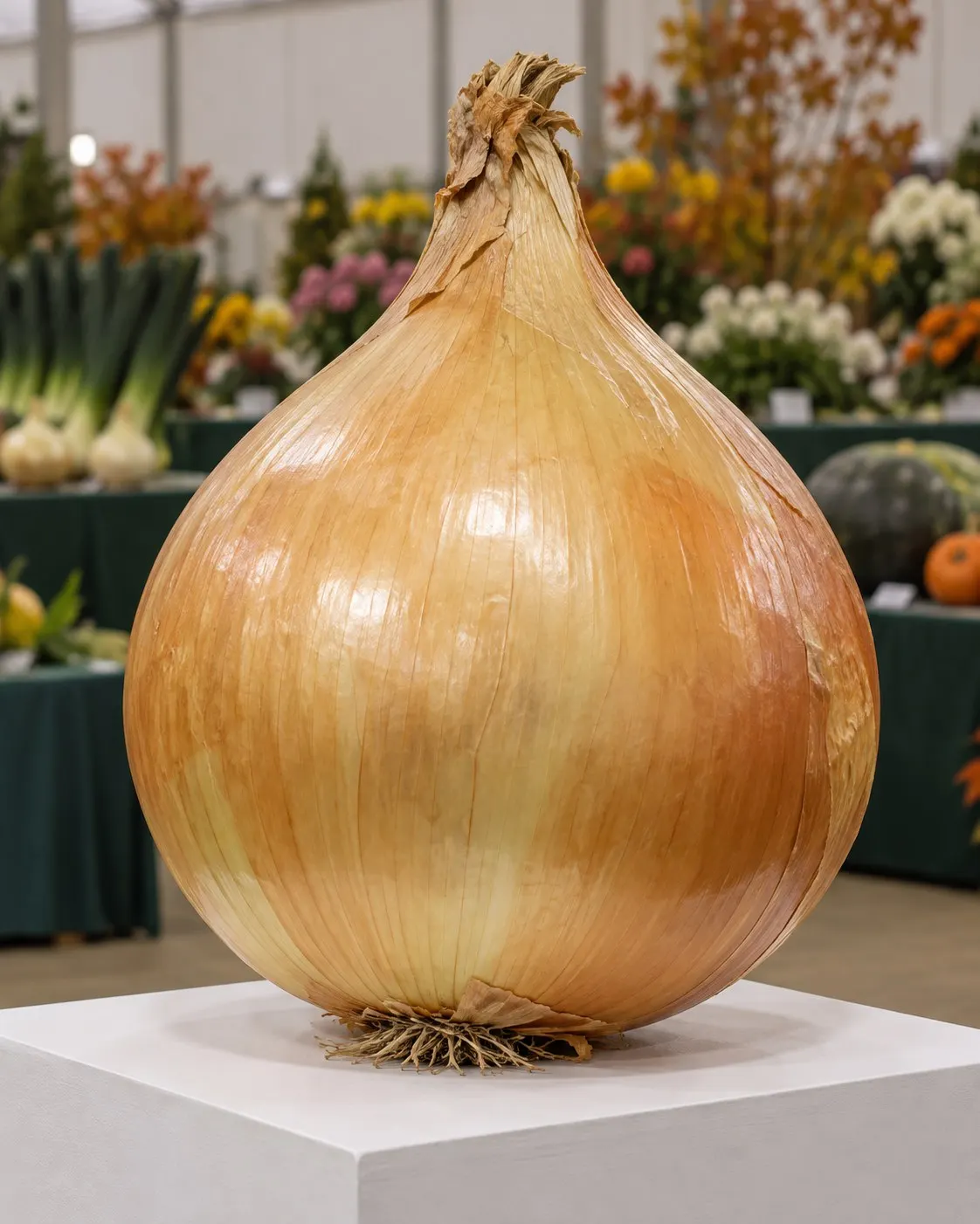 AI-generated fictional oversized onion displayed at a horticultural show; not Glazebrook’s specimen and no award or exact weight is implied. Prompt: “Photorealistic vertical 4:5 editorial photograph of a giant golden onion displayed on a simple white plinth at a British autumn horticultural show, modest flower-show hall softly blurred behind it, a few other vegetables far out of focus. Fictional display and onion, not Pete Glazebrook's specimen; no exact weight or award implied. No people, readable text, signs, logos or numbers.” Generated 20 October 2026.