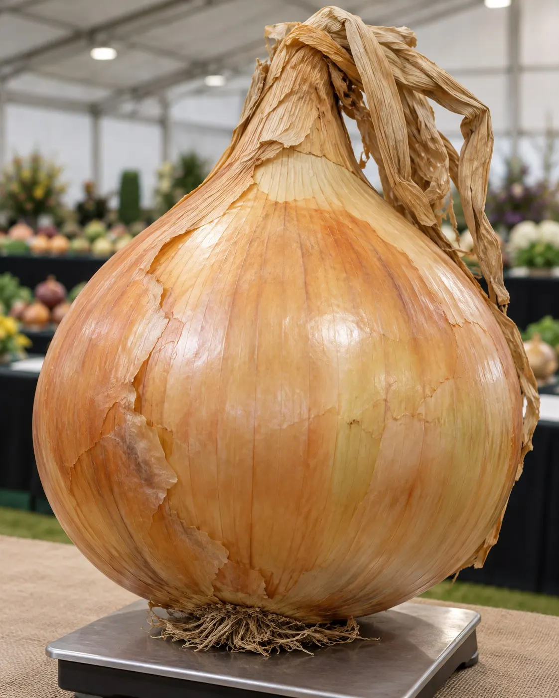 AI-generated cover of a fictional oversized golden onion at a horticultural show; not Glazebrook’s specimen and no exact weight is implied. Prompt: “Photorealistic vertical 4:5 editorial cover of an exceptionally large golden-brown onion on a simple neutral weighing surface at a horticultural show, natural papery skin and dried stems, dramatic but believable scale, soft exhibition hall background. Fictional onion, not Pete Glazebrook's 2011 specimen; do not imply exact weight or show numbers. No text, labels, logos, people, or readable scale.” Generated 20 October 2026.