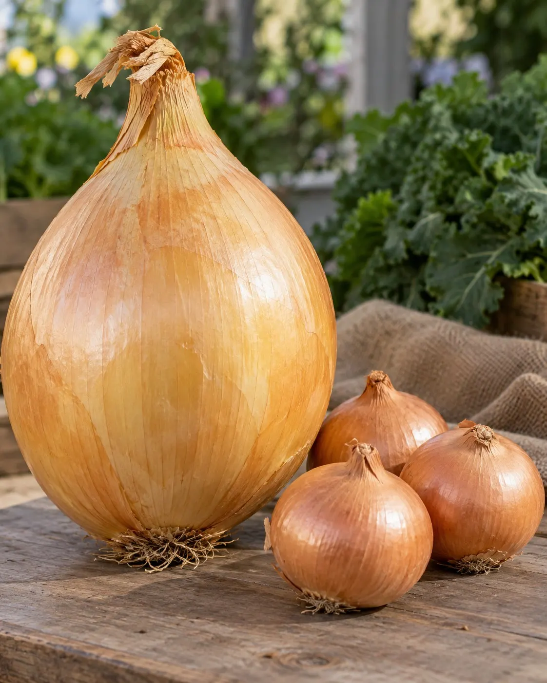 AI-generated size comparison between a fictional large onion and ordinary onions; not Glazebrook’s specimen. Prompt: “Photorealistic vertical 4:5 editorial still life of one unusually large golden onion beside three ordinary brown onions on a clean produce table, clear visual size comparison, natural papery skins, soft horticultural show lighting. Fictional vegetables; not the 2011 specimen of Pete Glazebrook, and no exact weight implied. No text, numbers, labels, logos, people or readable scale.” Generated 20 October 2026.