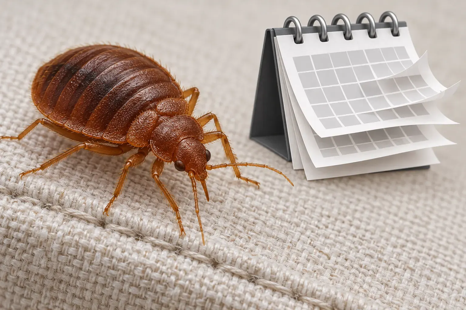 AI-generated macro editorial illustration of an adult bed bug and calendar motif. It is illustrative, not a photograph or evidence of a measured survival duration. Generated 2026-10-13; no external creator/license. AI origin disclosed in the post.