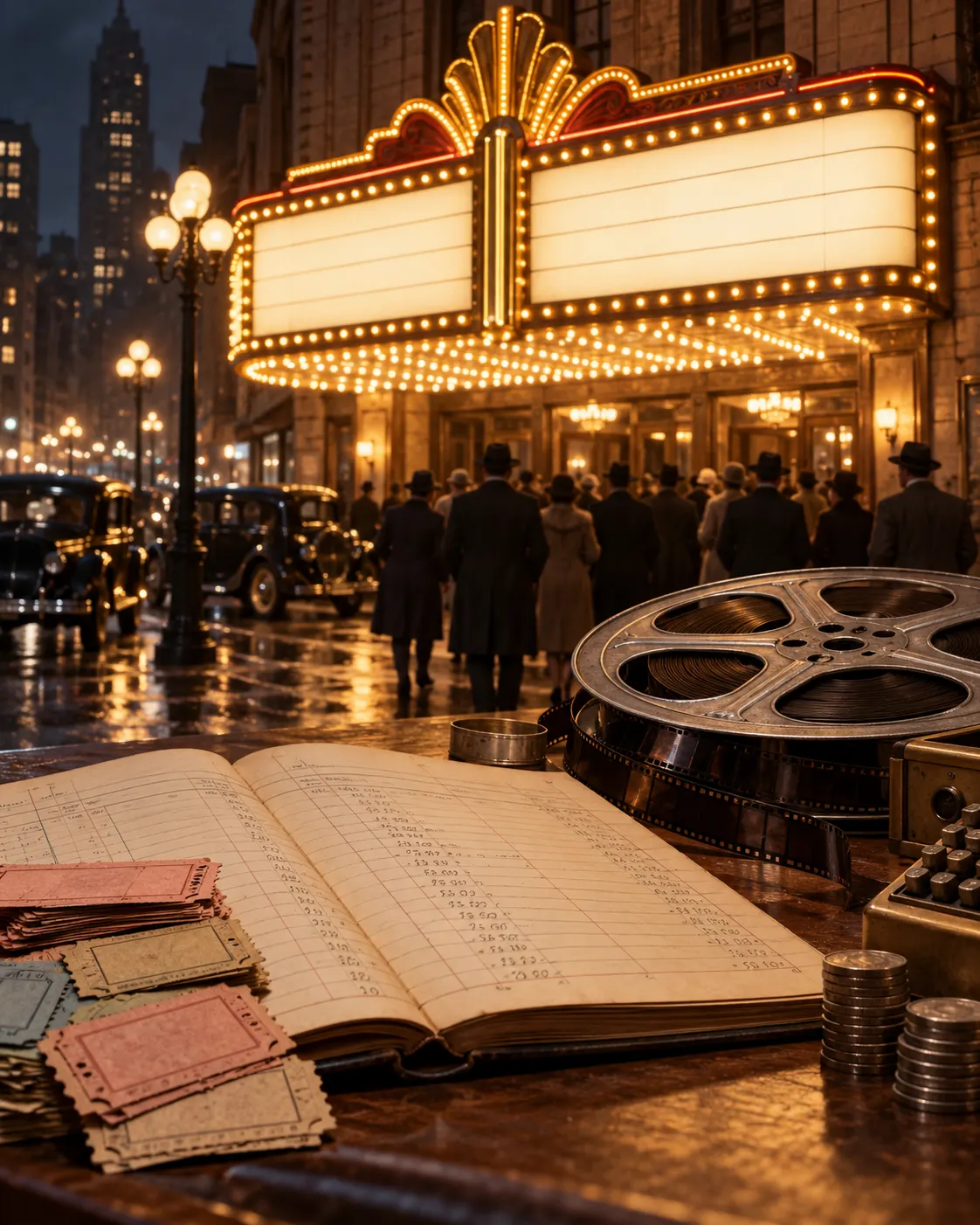 AI-generated symbolic cinema-history scene suggesting historic ticket sales; it is not a film still or a documented theater from a specific release.